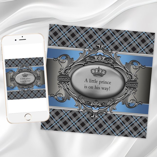 Blue Gray Plaid Baby Shower  Invitation (Blue and gray plaid baby shower invitation. Add your text to the front and back.)