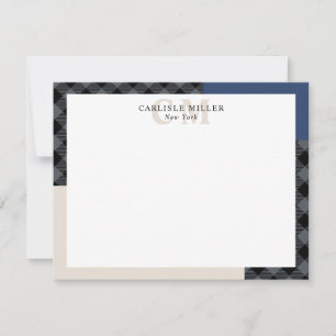 Blue Gray Plaid Colorblock Monogram Name & City Note Card
