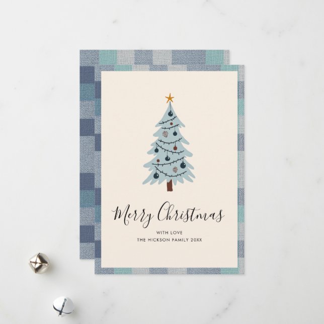 Blue Gray Plaid Minimal Christmas Tree Holiday Card (Front/Back In Situ)