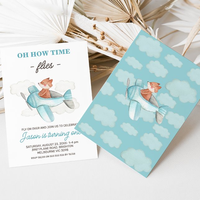 Blue Gray Plane How Time Flies 1st Birthday  Invitation (Plane themed boy's first birthday invitation for a baby boy featuring an airplane, fox and clouds.)