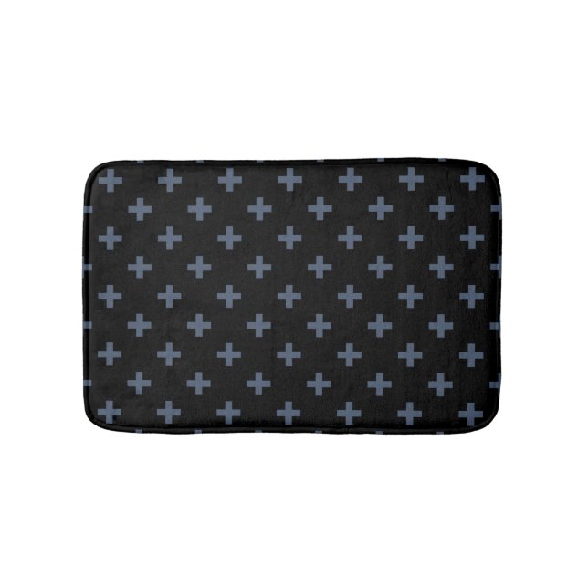 Blue-gray polka crosses on black bath mat (Front)