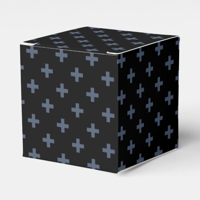 Blue-gray polka crosses on black favor boxes (Front Side)