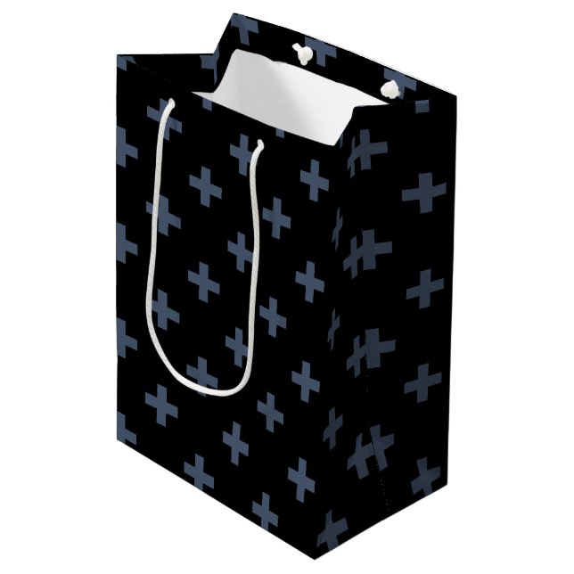 Blue-gray polka crosses on black medium gift bag (Front Angled)