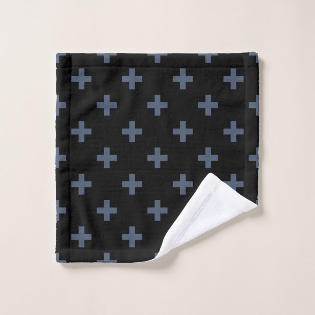 Blue-gray polka crosses on black wash cloth (Wash Cloth)