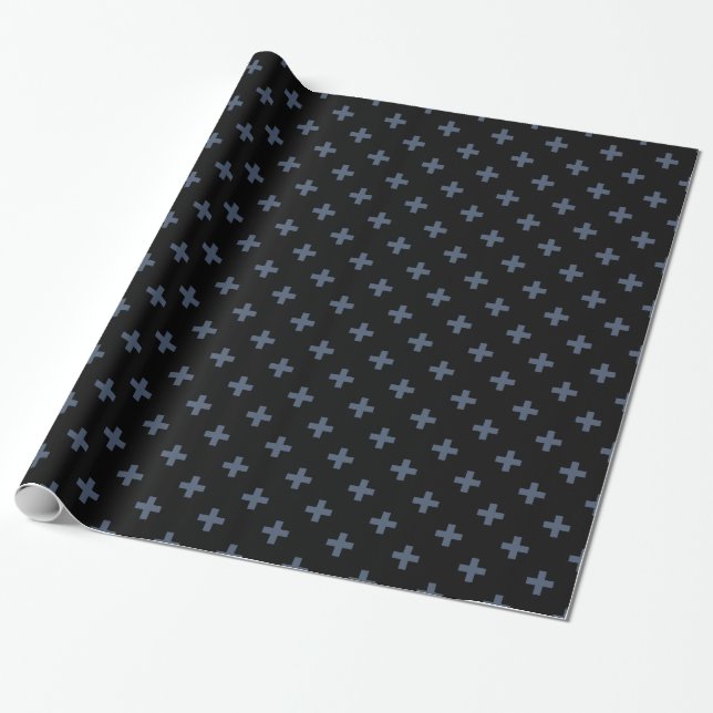 Blue-gray polka crosses on black wrapping paper (Unrolled)