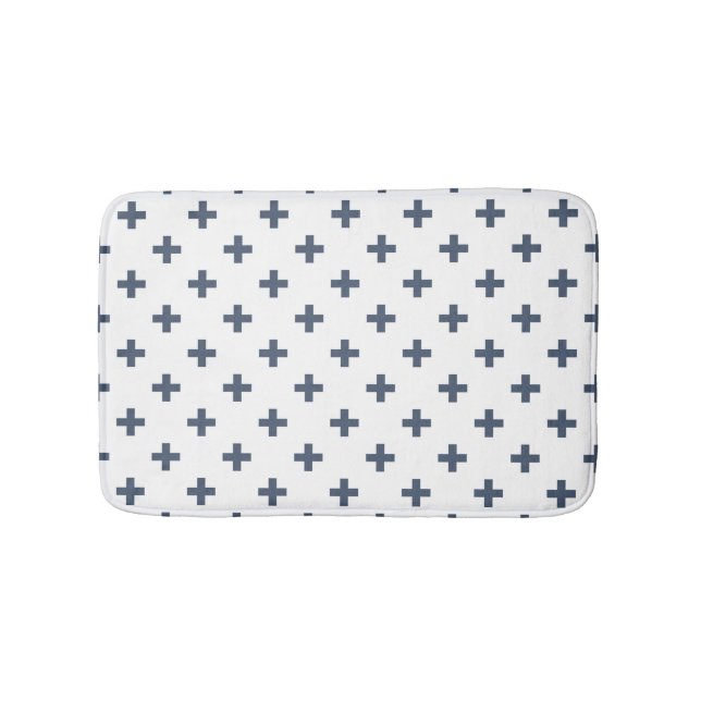 Blue-gray polka crosses on white bath mat (Front)