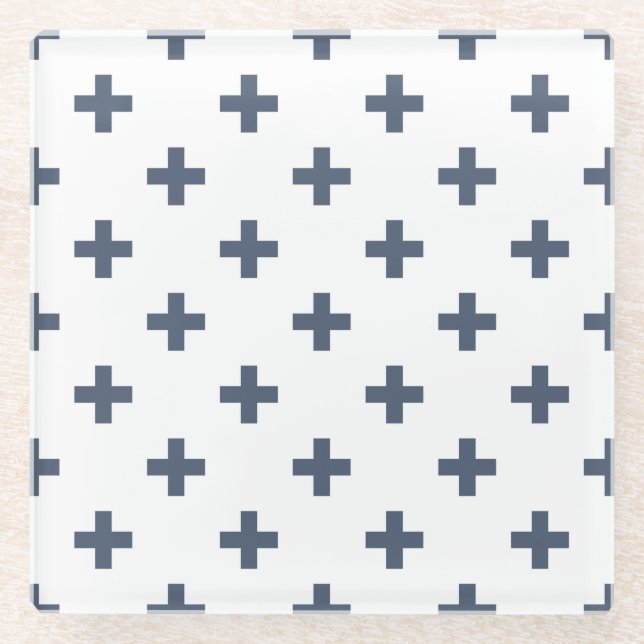 Blue-gray polka crosses on white glass coaster (Front)