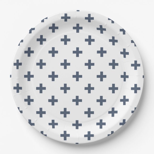 Blue-gray polka crosses on white paper plates (Front)