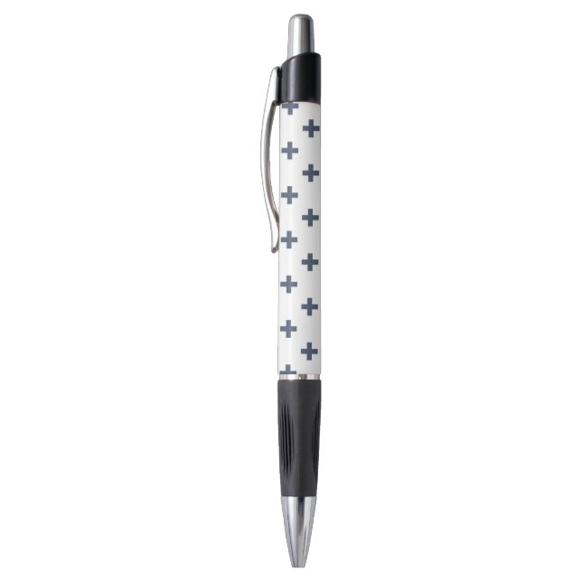 Blue-gray polka crosses on white pen (Top (Vertical))