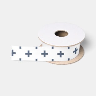 Blue-gray polka crosses on white satin ribbon