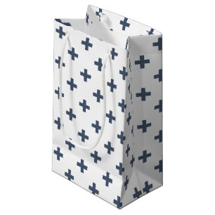 Blue-gray polka crosses on white small gift bag