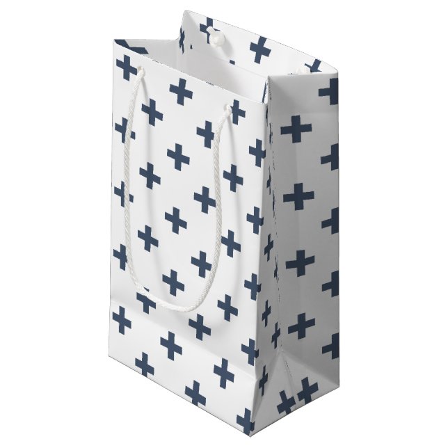 Blue-gray polka crosses on white small gift bag (Front Angled)