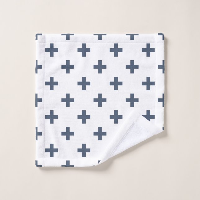 Blue-gray polka crosses on white wash cloth (Wash Cloth)