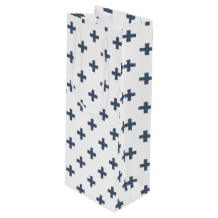 Blue-gray polka crosses on white wine gift bag