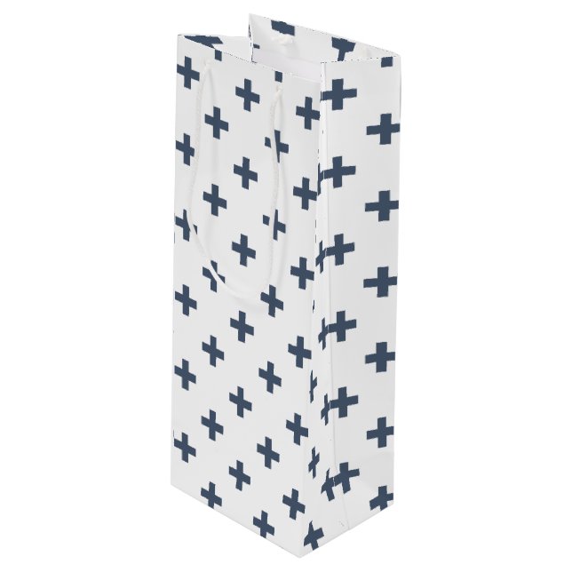 Blue-gray polka crosses on white wine gift bag (Front Angled)