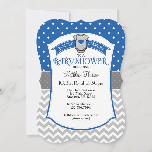 Blue Gray Polka Dot Chevron Baby Shower Invite