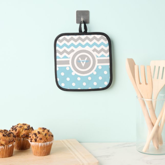 Blue Gray Polka Dot Chevron Pot Holder (Insitu(Hanging))