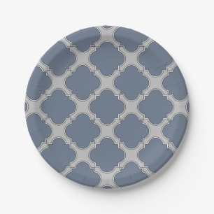 Blue-gray quatrefoil paper plates