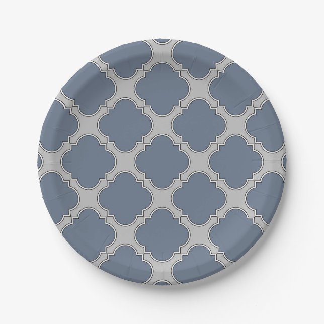 Blue-gray quatrefoil paper plates (Front)