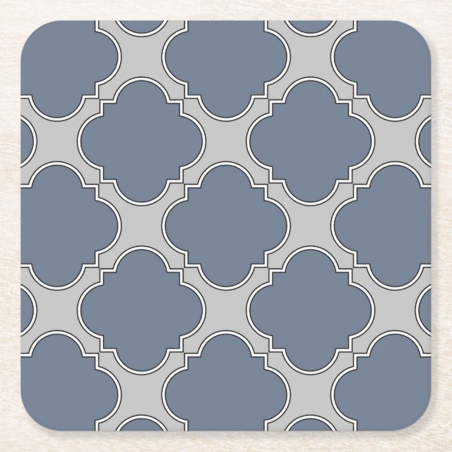 Blue-gray quatrefoil square paper coaster (Front)