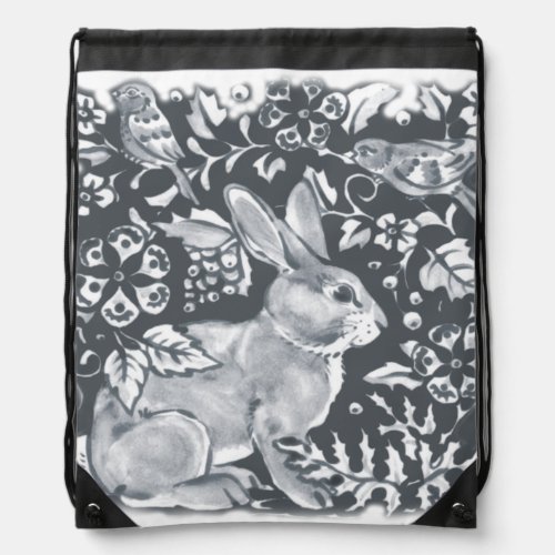 Blue Gray Rabbit Bunny Bird Floral Dedham Delft Drawstring Bag