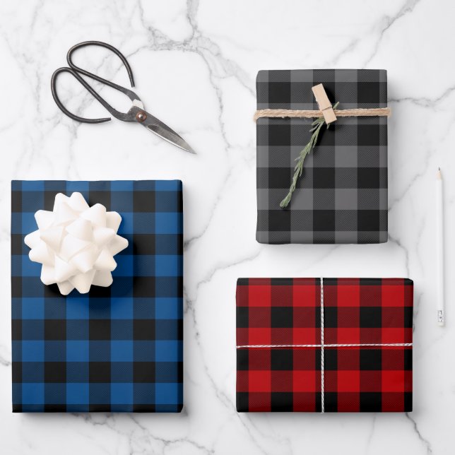 Blue Gray & Red Buffalo Plaid Wrapping Paper Sheets (Front)