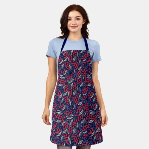 Blue Gray Red Leaves and Berries Botanical Pattern Apron