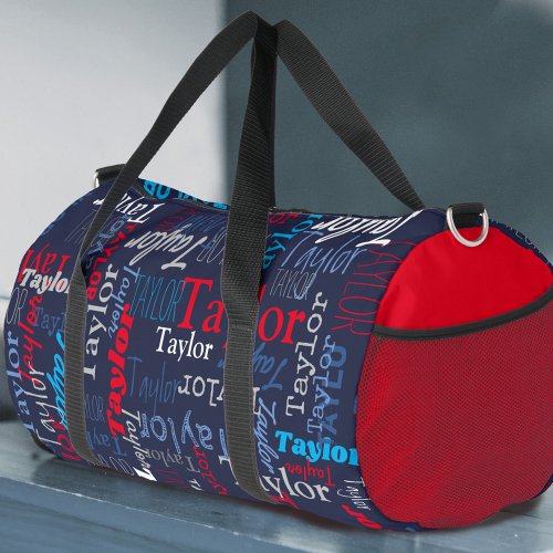 blue gray red personalized name all over duffle bag