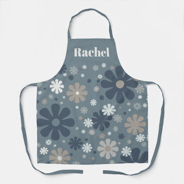 Blue Gray Retro Floral Personalized Pattern Apron (Front)