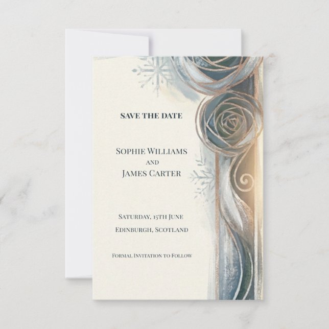 Blue Gray Rose Save The Date Card (Front)