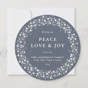 Blue-Gray Round Sparkling Lights Peace Love + Joy Holiday Card