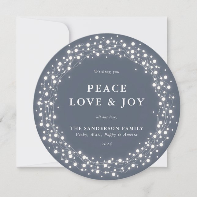 Blue-Gray Round Sparkling Lights Peace Love + Joy Holiday Card (Front)