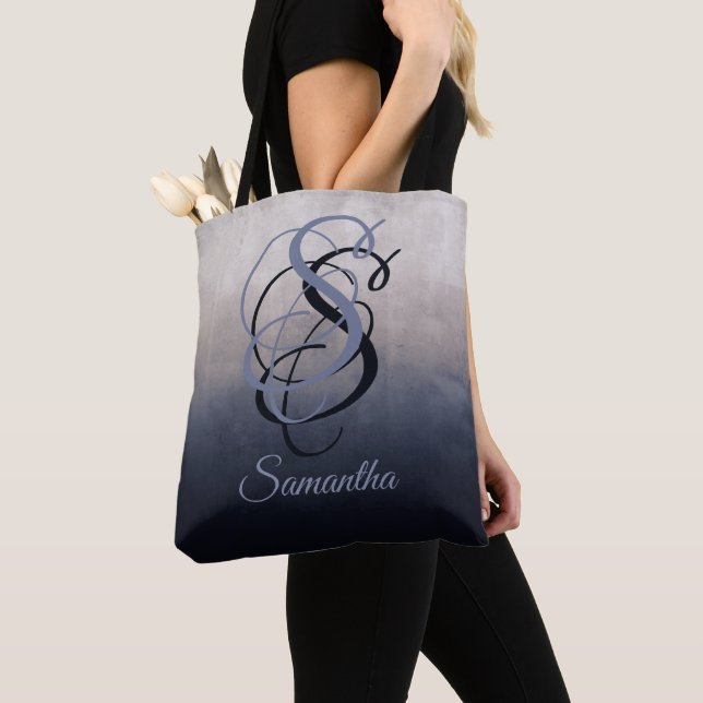 Blue Gray rustic monogram ombre Tote Bag (Close Up)