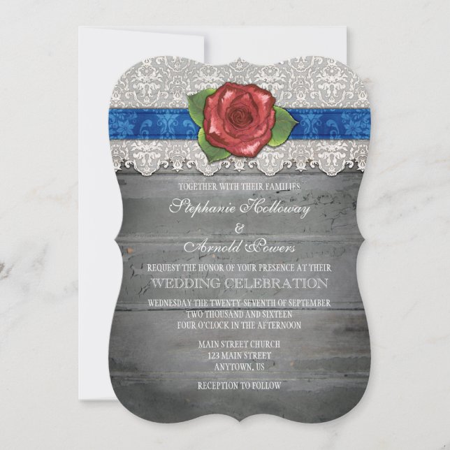 Blue Gray Rustic Wood Rose Wedding Invite (Front)