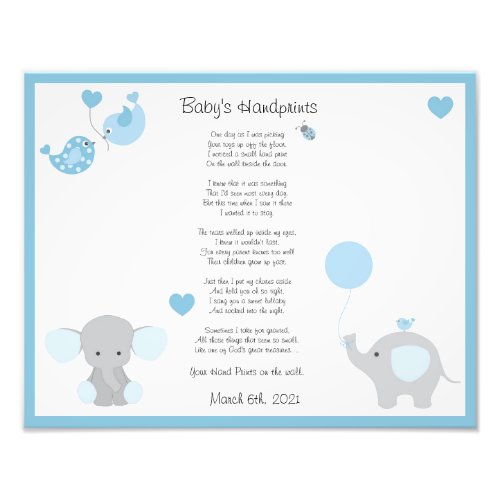 Blue Gray Safari Elephant Baby Boy Handprints Photo Print