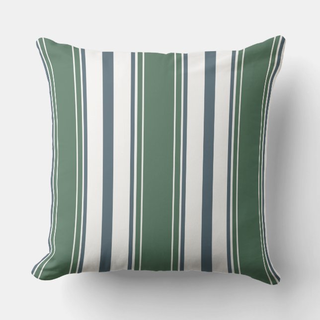 Blue-Gray, Sage Green, White Vertical Stripes  | Throw Pillow (Front)