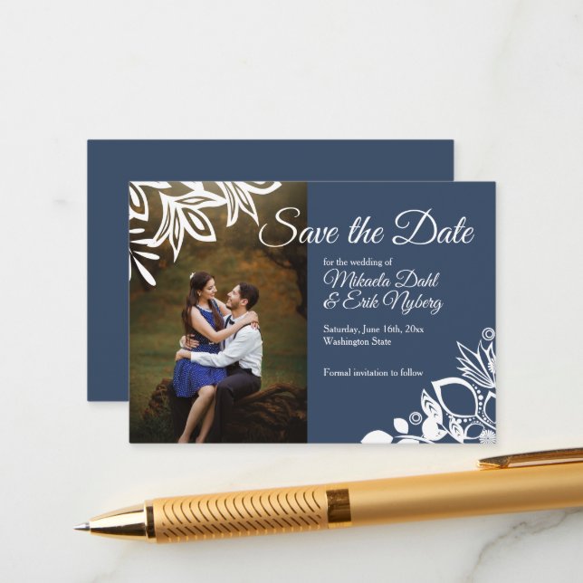 Blue Gray Save the Date Card w/ White Floral Frame (Front/Back In Situ)