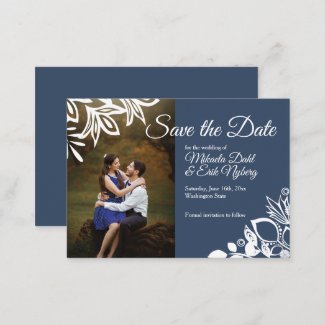 Blue Gray Save the Date Card w/ White Floral Frame