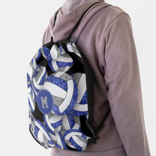 blue gray school colors girly volleyballs pattern drawstring bag