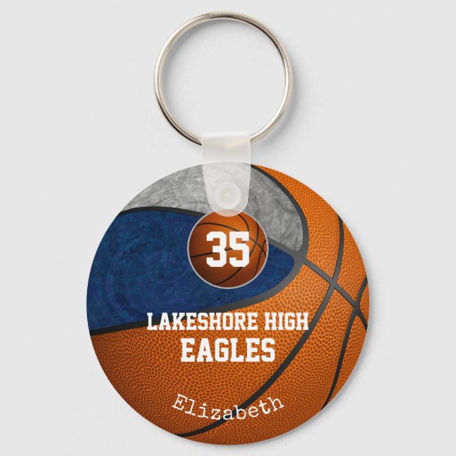 blue gray school team colors girls' basketball keychain (Front)