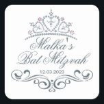 Blue gray scrolls, Tiara Bat Mitzvah Logo Square Sticker<br><div class="desc">Bluish gray swirls (scrolls) and Tiara in a heart shape Bat Mitzvah Sticker. You can use it for different occasion.</div>