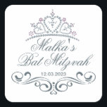 Blue gray scrolls, Tiara Bat Mitzvah Logo Square Sticker<br><div class="desc">Bluish gray swirls (scrolls) and Tiara in a heart shape Bat Mitzvah Sticker. You can use it for different occasion.</div>