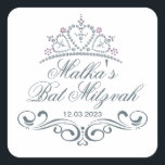 Blue gray scrolls, Tiara Bat Mitzvah Logo Square Sticker<br><div class="desc">Bluish gray swirls (scrolls) and Tiara in a heart shape Bat Mitzvah Sticker. You can use it for different occasion.</div>