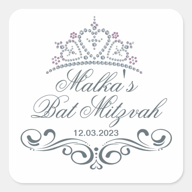 Blue gray scrolls, Tiara Bat Mitzvah Logo Square Sticker (Front)