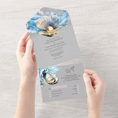 Blue gray seashell pearl oyster shell beach chic all in one invitation
