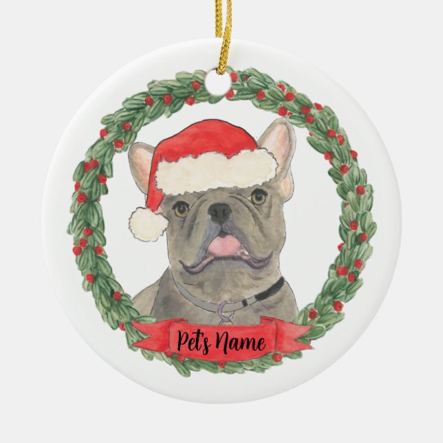 Blue Gray Silver French Bulldog Christmas Ceramic Ornament (Front)