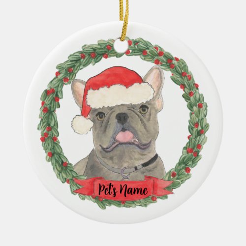 Blue Gray Silver Frenchie French Bulldog Ceramic Ornament