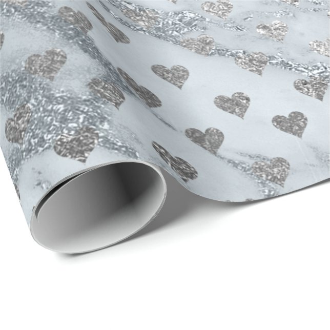 Blue Gray Silver Marble Stone Hearts Confetti Wrapping Paper (Roll Corner)