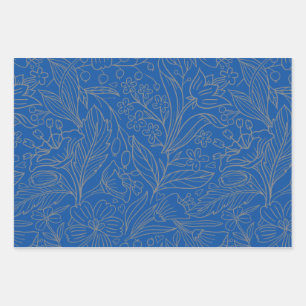 Blue Gray Silver Modern Floral Wrapping Paper