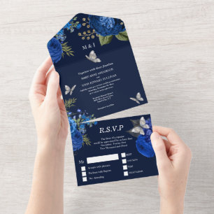 Blue gray silver rose elegant butterfly glam all in one invitation